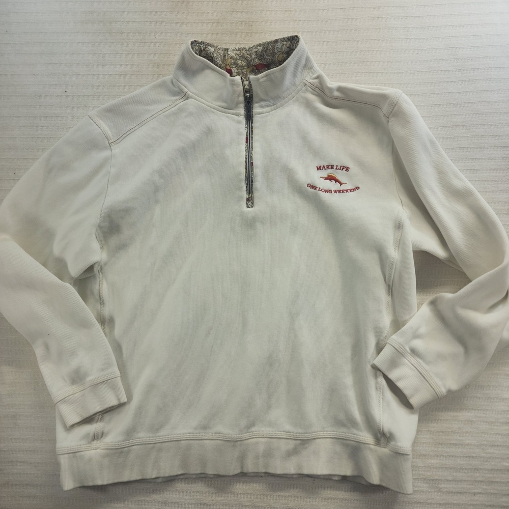 Tommy Bahama Mens XL Cream Quarter Zip Sweatshirt Make Life One Long Weekend - Picture 2 of 9